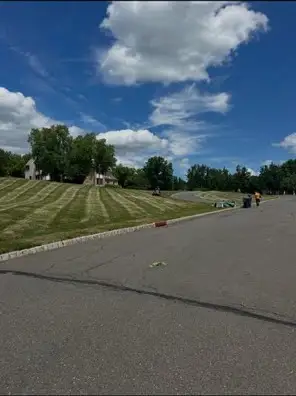 Freshly mowed lawn with stripes beside a paved road, trees, distant house, blue sky with clouds.
